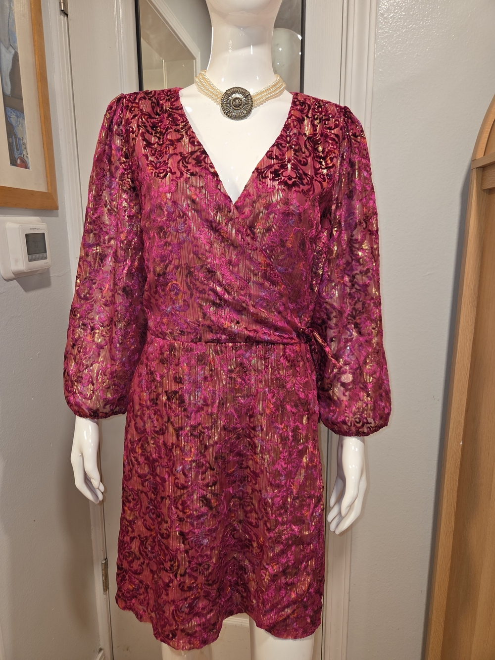 LOFT Fuchsia Gorgeous Pink Metallic Wrap-Style Long-Sleeve Dress Sz 14